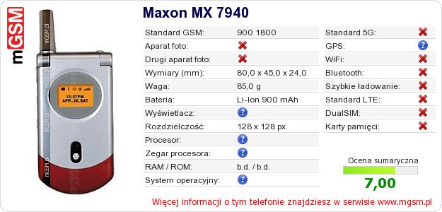 Dane telefonu Maxon MX 7940 Dane telefonu Maxon MX 7940