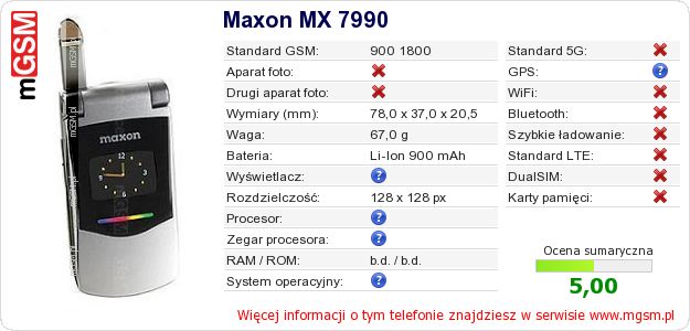 Dane telefonu Maxon MX 7990 Dane telefonu Maxon MX 7990