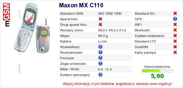 Dane telefonu Maxon MX C110 Dane telefonu Maxon MX C110