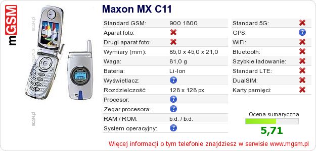 Dane telefonu Maxon MX C11 Dane telefonu Maxon MX C11