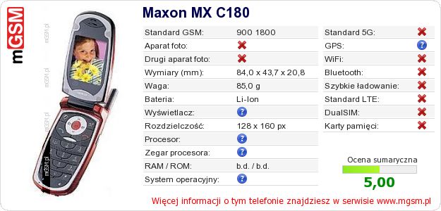 Dane telefonu Maxon MX C180 Dane telefonu Maxon MX C180