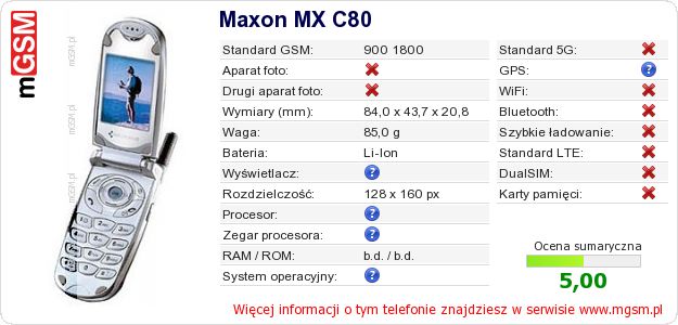 Dane telefonu Maxon MX C80 Dane telefonu Maxon MX C80