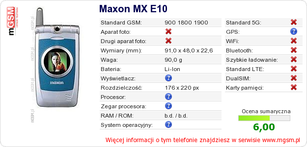 Dane telefonu Maxon MX E10 Dane telefonu Maxon MX E10