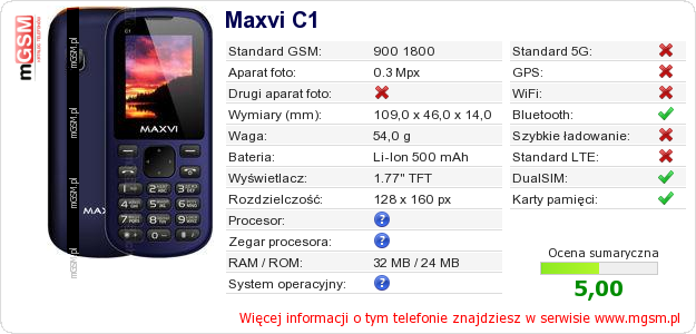 Dane telefonu Maxvi C1 Dane telefonu Maxvi C1