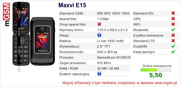 Dane telefonu Maxvi E15 Dane telefonu Maxvi E15