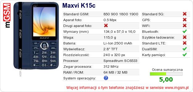 Dane telefonu Maxvi K15c Dane telefonu Maxvi K15c