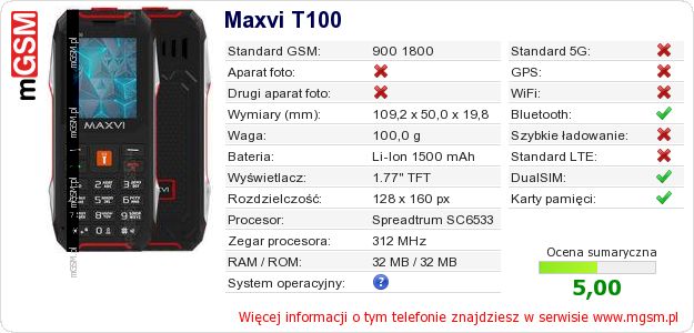 Dane telefonu Maxvi T100 Dane telefonu Maxvi T100