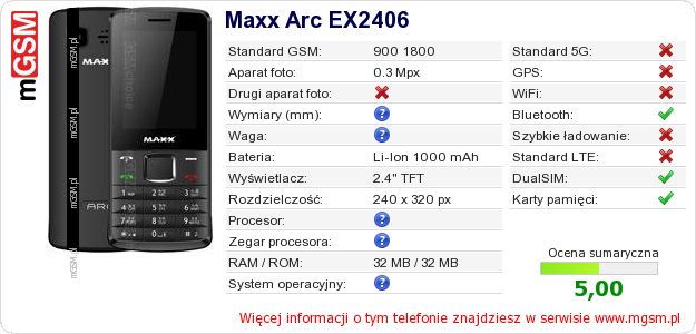 Dane telefonu Maxx Arc EX2406 Dane telefonu Maxx Arc EX2406