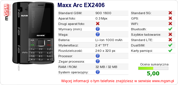 Dane telefonu Maxx Arc EX2406 Dane telefonu Maxx Arc EX2406