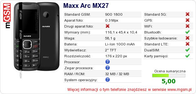 Dane telefonu Maxx Arc MX27 Dane telefonu Maxx Arc MX27