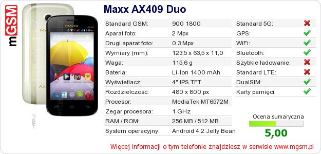 Dane telefonu Maxx AX409 Duo Dane telefonu Maxx AX409 Duo
