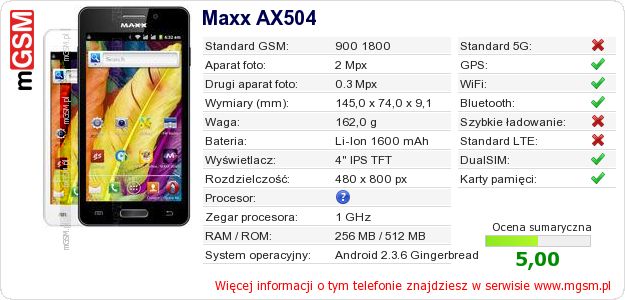Dane telefonu Maxx AX504 Dane telefonu Maxx AX504