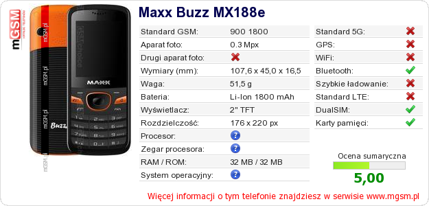 Dane telefonu Maxx Buzz MX188e Dane telefonu Maxx Buzz MX188e