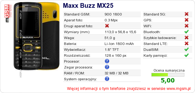 Dane telefonu Maxx Buzz MX25 Dane telefonu Maxx Buzz MX25