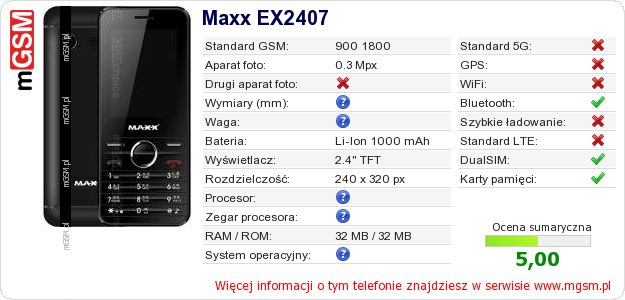 Dane telefonu Maxx EX2407