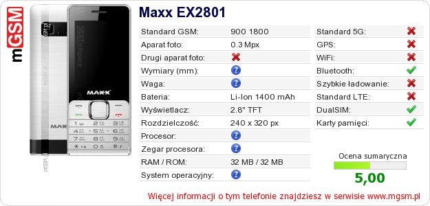 Dane telefonu Maxx EX2801