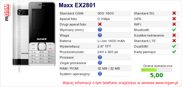 Dane telefonu Maxx EX2801