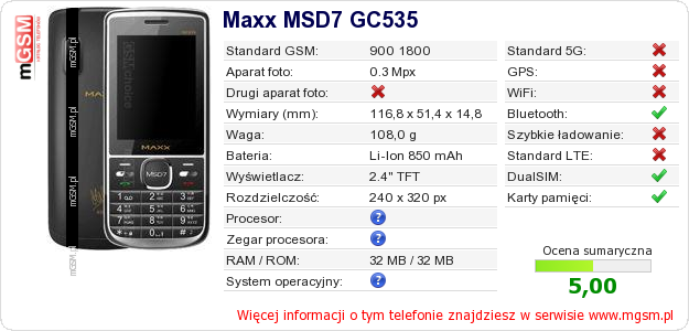 Dane telefonu Maxx MSD7 GC535