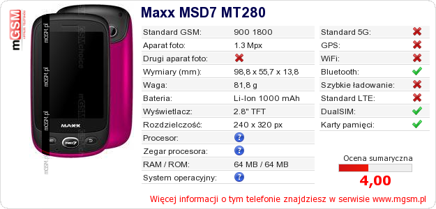 Dane telefonu Maxx MSD7 MT280