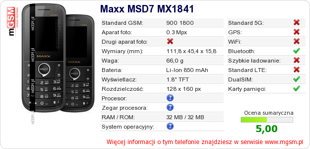 Dane telefonu Maxx MSD7 MX1841 Dane telefonu Maxx MSD7 MX1841
