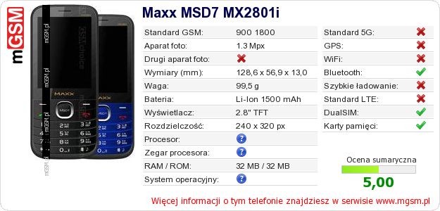 Dane telefonu Maxx MSD7 MX2801i