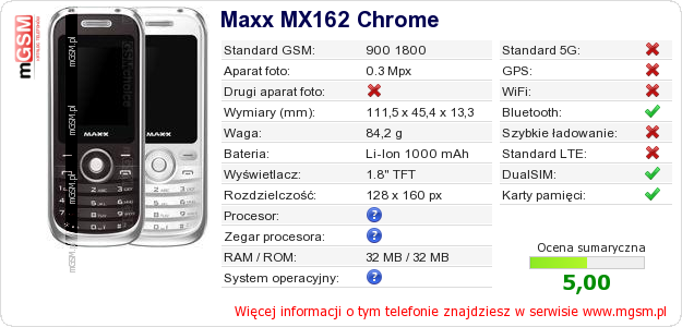 Dane telefonu Maxx MX162 Chrome Dane telefonu Maxx MX162 Chrome
