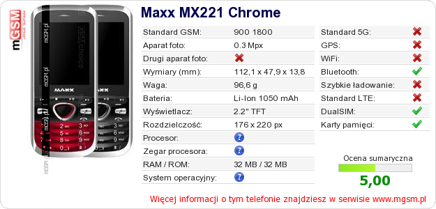 Dane telefonu Maxx MX221 Chrome Dane telefonu Maxx MX221 Chrome