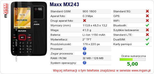 Dane telefonu Maxx MX243
