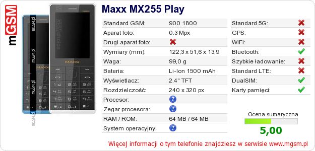 Dane telefonu Maxx MX255 Play