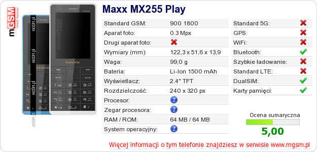 Dane telefonu Maxx MX255 Play