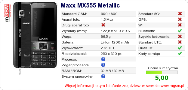 Dane telefonu Maxx MX555 Metallic