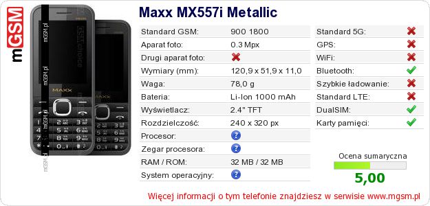 Dane telefonu Maxx MX557i Metallic