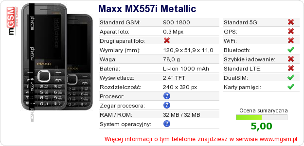 Dane telefonu Maxx MX557i Metallic Dane telefonu Maxx MX557i Metallic