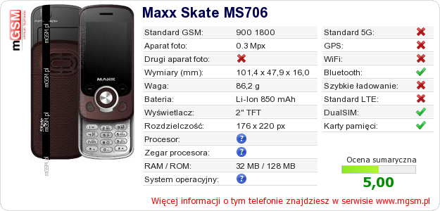 Dane telefonu Maxx Skate MS706