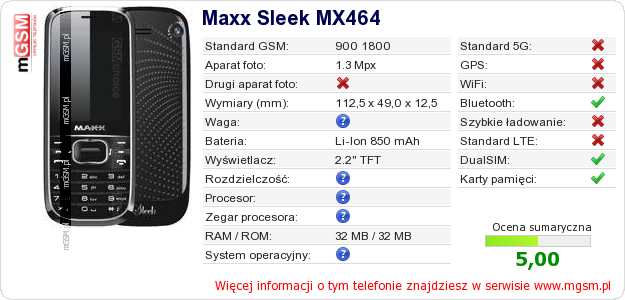Dane telefonu Maxx Sleek MX464
