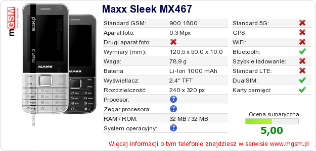 Dane telefonu Maxx Sleek MX467