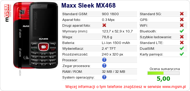Dane telefonu Maxx Sleek MX468