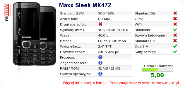 Dane telefonu Maxx Sleek MX472