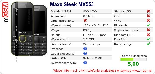 Dane telefonu Maxx Sleek MX553 Dane telefonu Maxx Sleek MX553