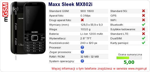 Dane telefonu Maxx Sleek MX802i Dane telefonu Maxx Sleek MX802i