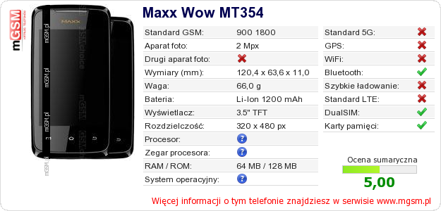 Dane telefonu Maxx Wow MT354
