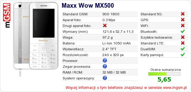 Dane telefonu Maxx Wow MX500 Dane telefonu Maxx Wow MX500