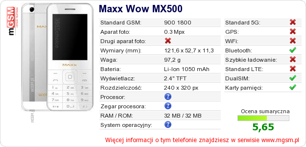 Dane telefonu Maxx Wow MX500