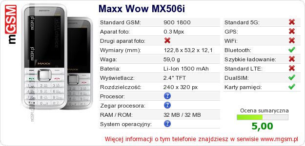 Dane telefonu Maxx Wow MX506i Dane telefonu Maxx Wow MX506i