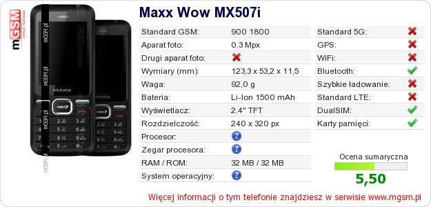 Dane telefonu Maxx Wow MX507i Dane telefonu Maxx Wow MX507i