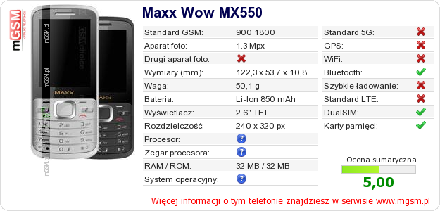 Dane telefonu Maxx Wow MX550 Dane telefonu Maxx Wow MX550