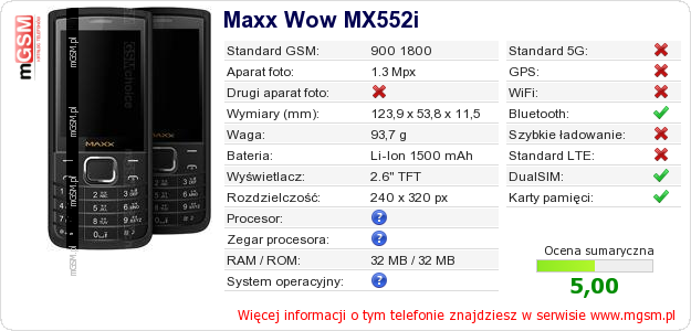 Dane telefonu Maxx Wow MX552i