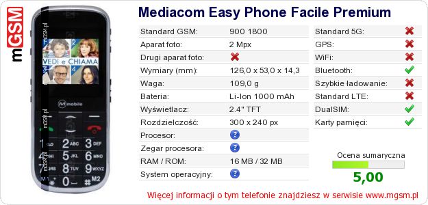 Dane telefonu Mediacom Easy Phone Facile Premium Dane telefonu Mediacom Easy Phone Facile Premium