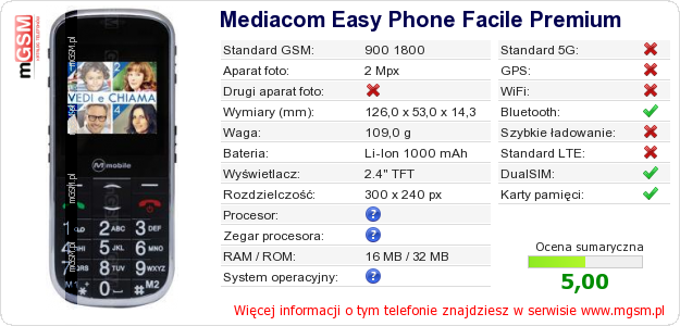 Dane telefonu Mediacom Easy Phone Facile Premium