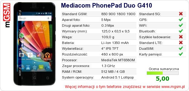 Dane telefonu Mediacom PhonePad Duo G410 Dane telefonu Mediacom PhonePad Duo G410